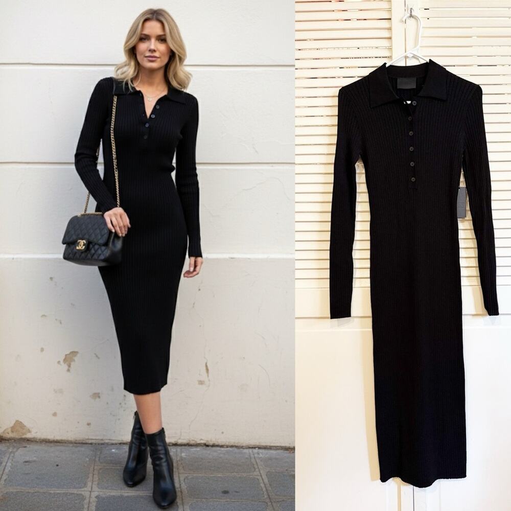 NWT NEW ONA by Yoon Chung Black Ribbed Bodycon Long Sleeve Knit Dress